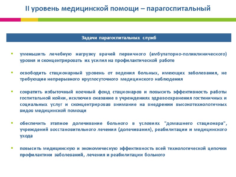 II уровень медицинской помощи – парагоспитальный уменьшить лечебную нагрузку врачей первичного (амбулаторно-поликлинического) II уровень медицинской помощи – парагоспитальный уменьшить лечебную нагрузку врачей первичного (амбулаторно-поликлинического)